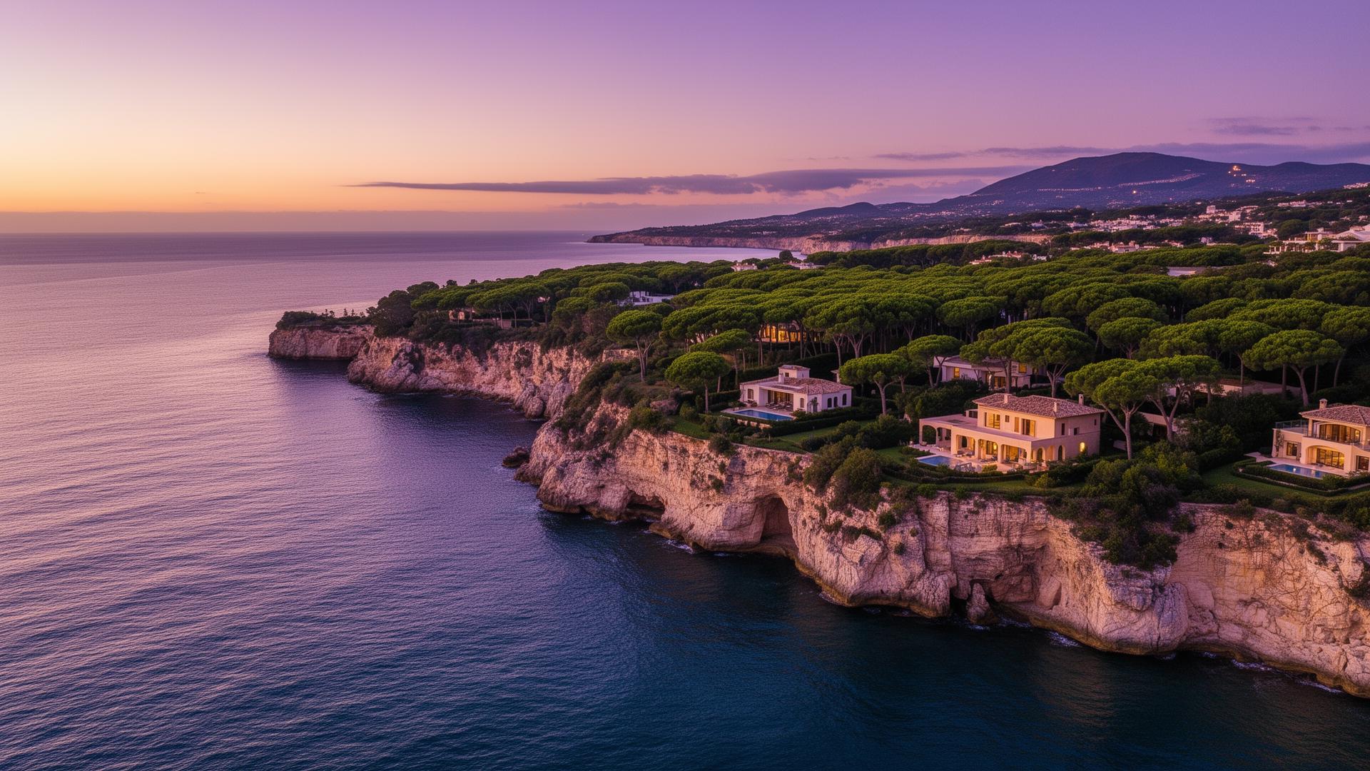 Aerial view of Spanish coastline at dusk